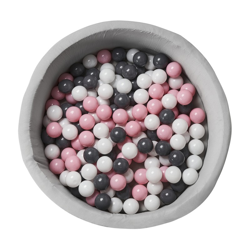 Piscina de bolas rosa, gris y blancas